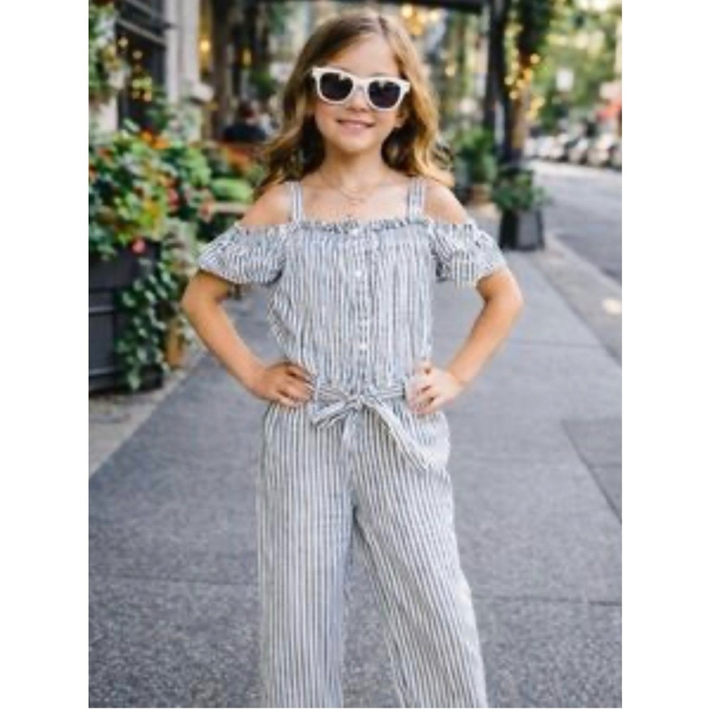 7 For All Mankind Girls Grey White Striped Off Shoulder Jumpsuit Size L Large